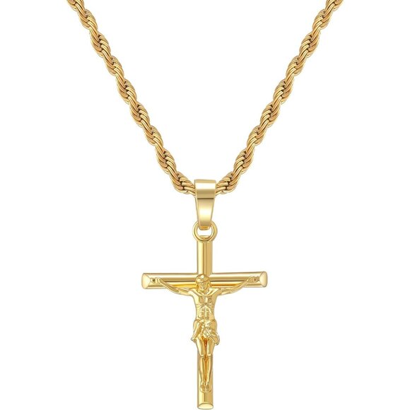 💫 Men Gold Crucifix Cross Necklace 18K Plated Cross Pendant Rope Chain Jewelry - Picture 1 of 6